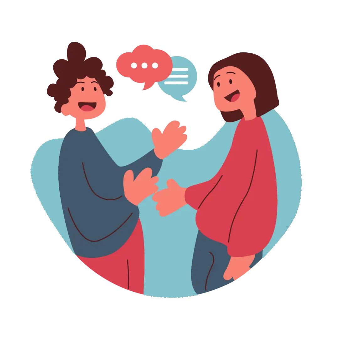 Two people chatting happily with speech bubbles above them, discussing careers, colorful background.